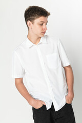 Basic white shirt for boys&rsquo; teen&rsquo;s apparel studio shoot