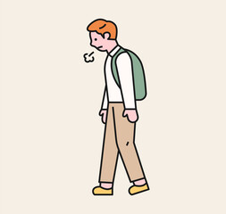 A boy is walking with a sigh. A victim student being bullied.
 flat design style minimal vector illustration.