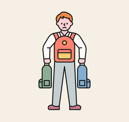 A male student is carrying other students' backpacks. A victim student being bullied. flat design style minimal vector illustration.