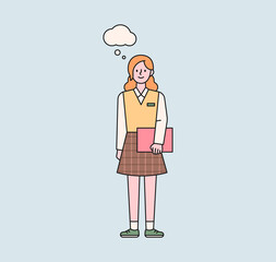 A schoolgirl in a school uniform is standing with a notebook. There is a thought balloon above her girl's head. flat design style minimal vector illustration.