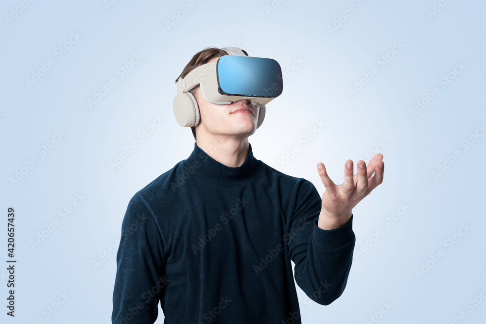 Poster man playing game with vr headset virtual reality experience