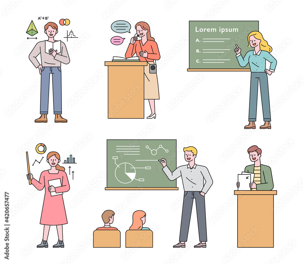 Poster a collection of teacher characters who teach in various ways. flat design style minimal vector illus