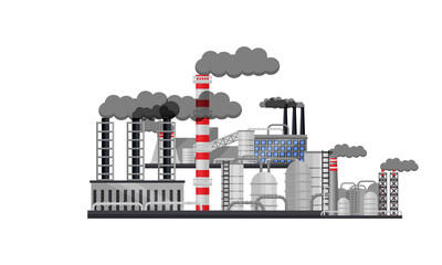 Industrial Plants and Factory Buildings with Pipelines Emitting Smoke Vector Set