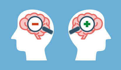 Mental health concept vector illustration. Positive thinking and negative thinking. Hand holding magnifying glass on brain in flat design.