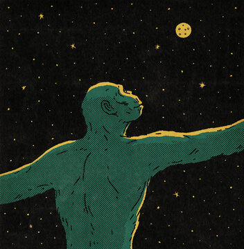 Monkey Staring At Stars And Moon