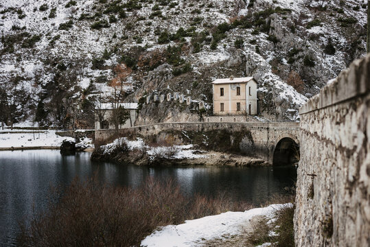 Winter snow of a sanctuary in the mountains