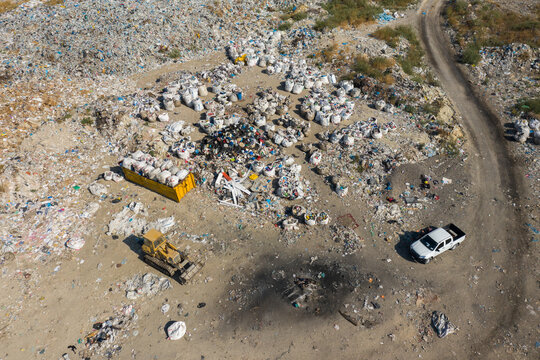 aerial view of landfill plastic pollution