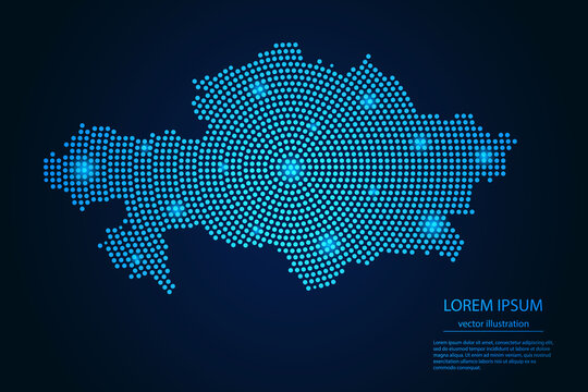 Abstract image Kazakhstan map from point blue and glowing stars on a dark background. vector illustration.