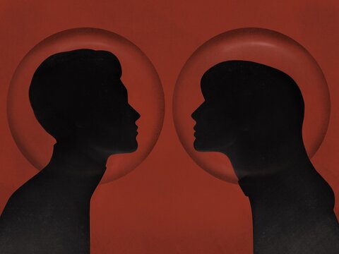 The concept of an epidemic disease. Love through the coronavirus. Love and tenderness in pandemic mode. Guy and young beautiful girl inside the bubble.