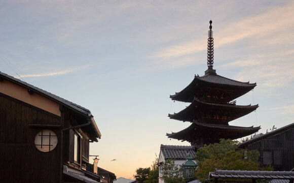 Kyoto, Japan, Yasaka-No-Tou Buddhist Pagoda Temple At Sunset