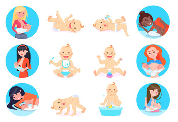 Woman breastfeeding her newborn baby in various positions. Nursing mothers information poster