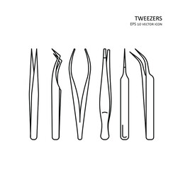 Tweezers thin line icon set. Eps 10 vector illustration of pinchin tools, tongs.