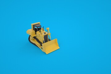 Model of a yellow tractor with a bucket. Color background. Special equipment for construction. 3D graphics. Isolated tractor on a blue background