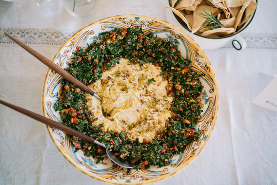 Hummus with tabbouleh salad top view