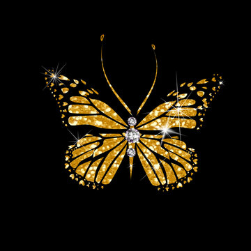 A golden butterfly with rhinestones. Vector illustration