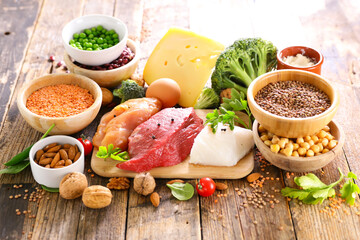 meat,fish, legume and dairy product- food high in protein - obrazy, fototapety, plakaty