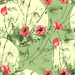Bamboo watercolor stems and leaves seamless pattern,red poppy flower. painting of bamboo forest on textured paper. Decorative watercolor bamboo, flower, jungle, thickets. silhouette branches, tropics