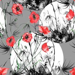 Bamboo watercolor stems and leaves seamless pattern,red poppy flower. painting of bamboo forest on textured paper. Decorative watercolor bamboo, jungle, thickets. silhouette branches, tropics