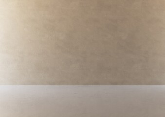 Muro intonaco beige con pavimento cemento bianco in ambiente vuoto, rendering 3d