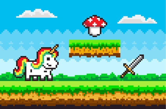 Color pixel game with white unicorn fairy tale personage stands on pixelated meadow against blue sky