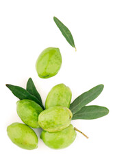 Olive fruit and olive leaves on a white background