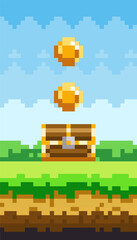 Pixel art game retro scene with awards golden coins and chest on green grass against blue sky