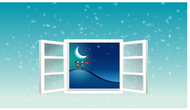 Illustration of a couple in Love under the moonlight  in  Winter  and a Window