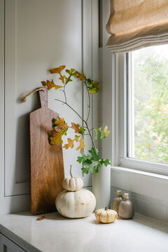 Multiple pumpkins near window