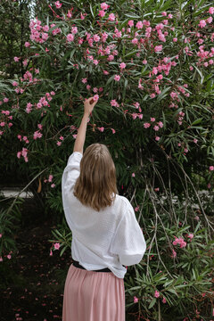 Woman touching oleander flower