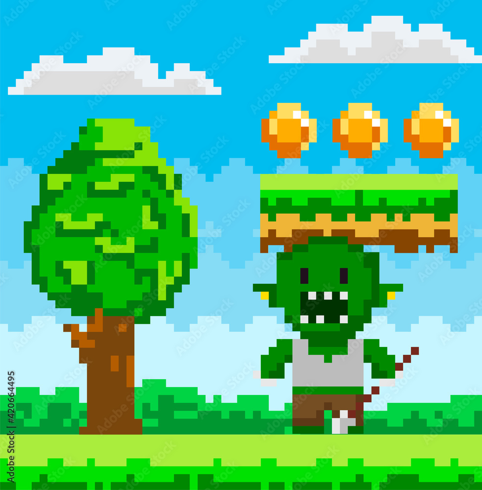 Poster vector pixel geek character. pixelated green monster in natural landscape with tall tree and coins
