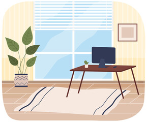 Fototapeta premium Table with monitor, rug, potted plant at workplace. Place to work with computer from home