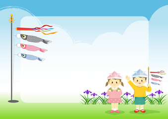 イラスト素材 背景 菖蒲の花畑と鯉のぼり こどもの日 端午の節句 Wall Mural 久美子 後藤