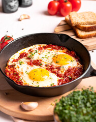 Traditional israel food eggs with tomatoes shakshouka in a pan