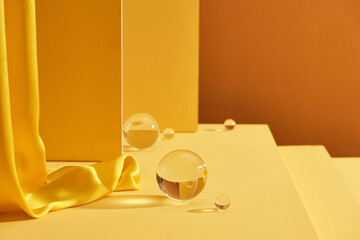 Abstract platforms with golden and curtains. Geometric figures in modern minimal design