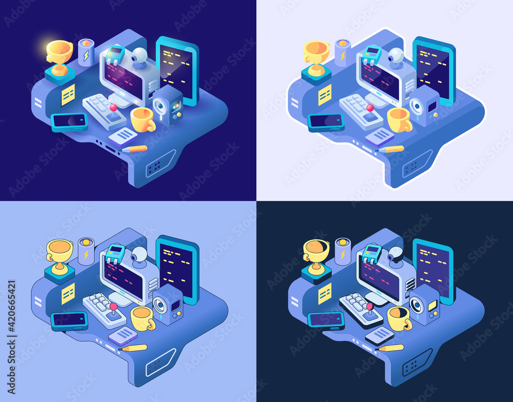 Poster isometric view of workspace with computer. freelance work in comfortable conditions. work at home co