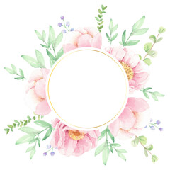 watercolor pink peony flower bouquet arrangement wreath with golden circle frame for logo or banner