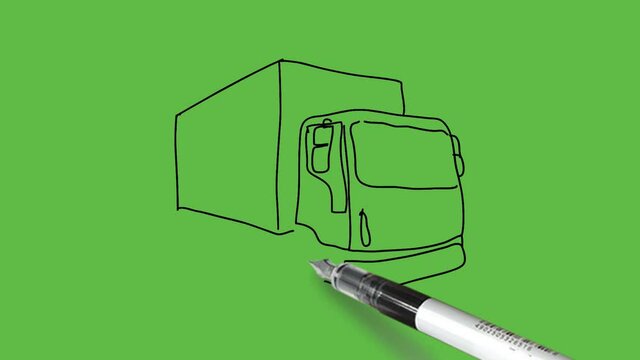 Drawing a transport truck with black and blue colour combination on abstract green background
