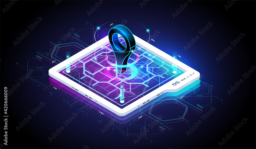 Poster mobile gps navigation concept. mobile application for navigation. location map with pin isometric ic
