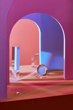 Abstract platforms with golden and curtains. Geometric figures in modern minimal design