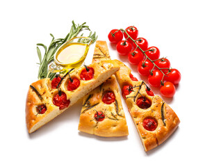 Composition with traditional Italian focaccia on white background