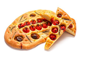 Traditional Italian focaccia on white background