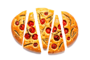 Traditional Italian focaccia on white background