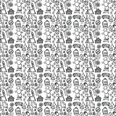 seamless pattern with icons on the theme of travel and hiking. Doodle vector with travel and hiking icons on white background.Vintage travel icons