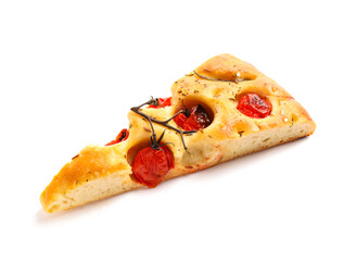 Piece of traditional Italian focaccia on white background