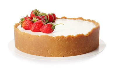 Tasty cheesecake with strawberry on white background