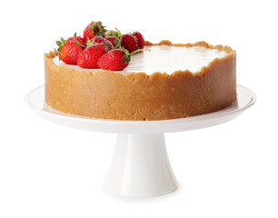 Tasty cheesecake with strawberry on white background