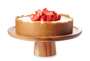Tasty cheesecake with strawberry on white background