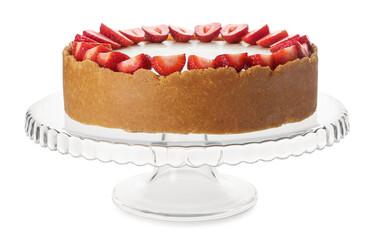 Tasty cheesecake with strawberry on white background