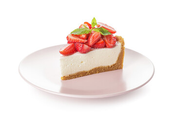 Tasty cheesecake with strawberry on white background