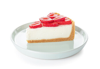 Tasty cheesecake with strawberry on white background